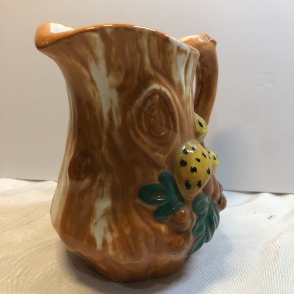 Vintage Pottery Tree Stump Bark Mushrooms Pitcher hand made signed - Picture 9 of 13
